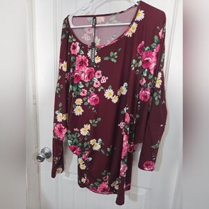 Lock & Love Floral Tunic Top Burgundy Long Sleeve XXXL